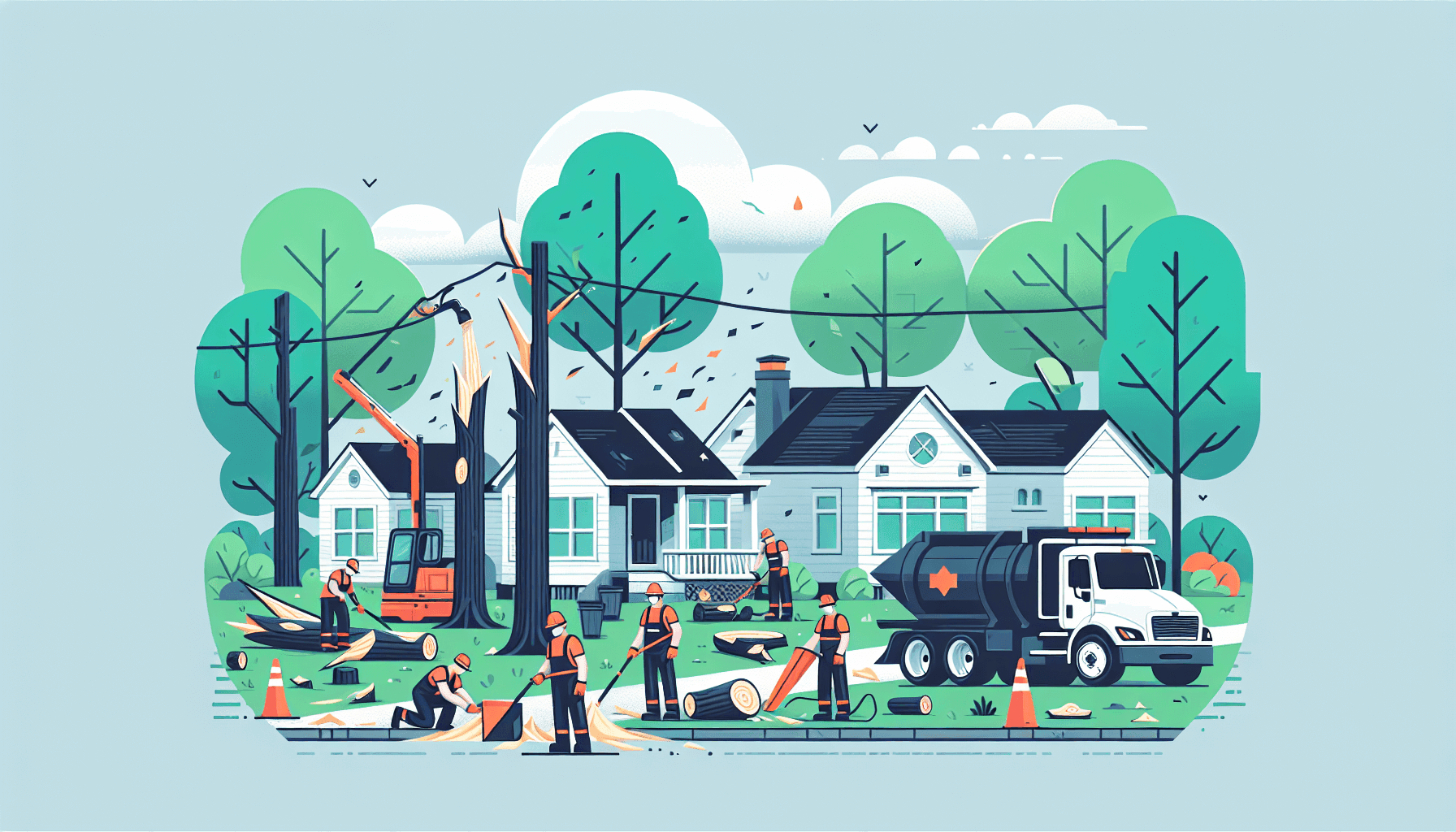 Team cleaning storm-damaged trees in a yard